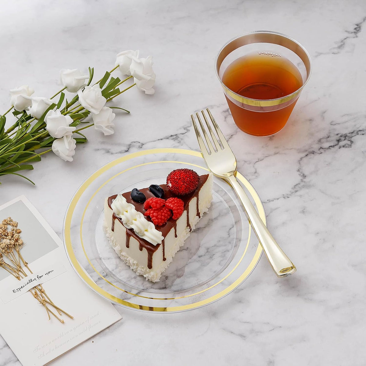 200PCS Clear Gold Plastic Plate, Disposable Party Plates
