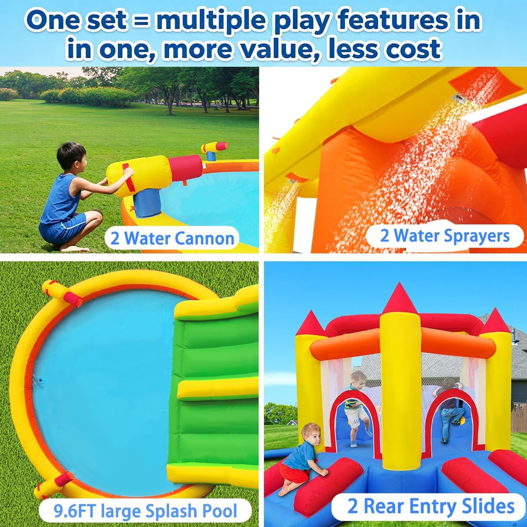 InfIatable Bonuce House with 4 Slides & Large Splash Pool, Water Park with Ultra-Wide Climbing Wall, Jumping, Water