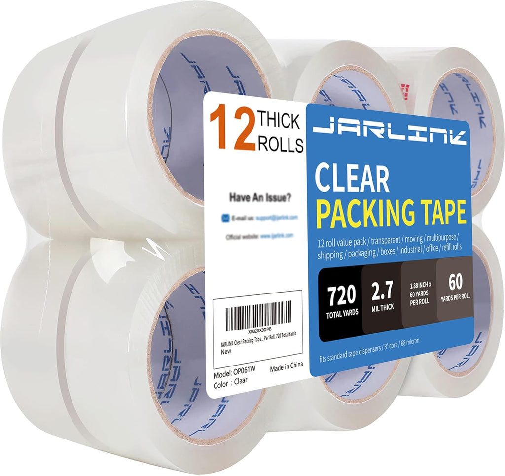 12 Rolls Clear Packing Tape, Heavy Duty Packaging Tape | 2.7mil Thick and 1.88" Wide. 60 Yards per Roll, 720 Total