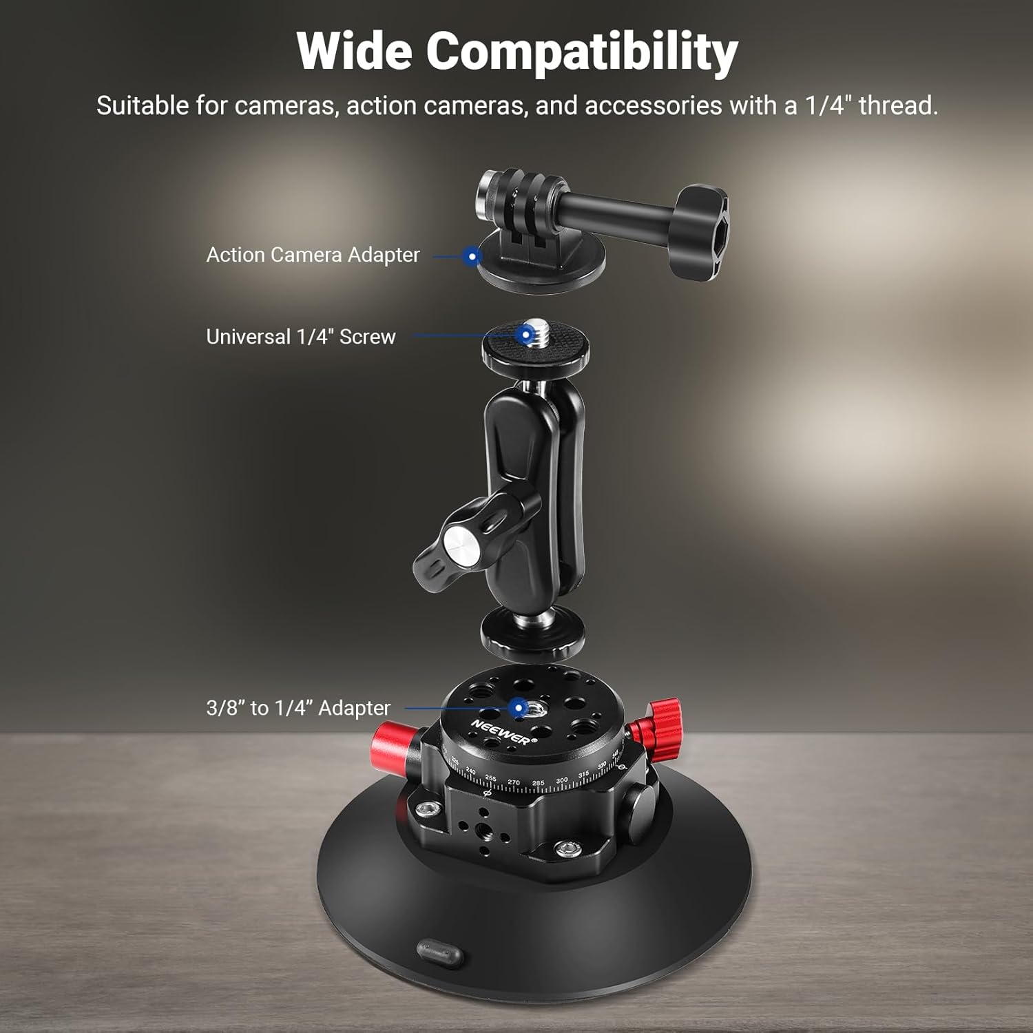 6"/15.2cm Camera Suction Cup Mount with Ball Head Magic Arm, Metal Suction Cup Mount on Car Windshield Dash for