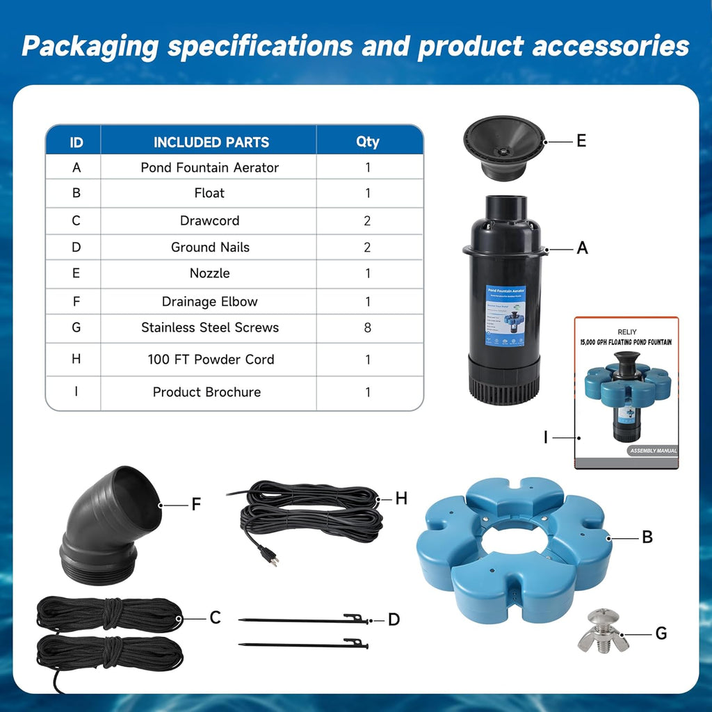 Pond Fountain Aerator, 1HP 110V 15000 GPH Fountain Pump, Fully Automatic Powerful Lake Floating Fountain, 100 FT