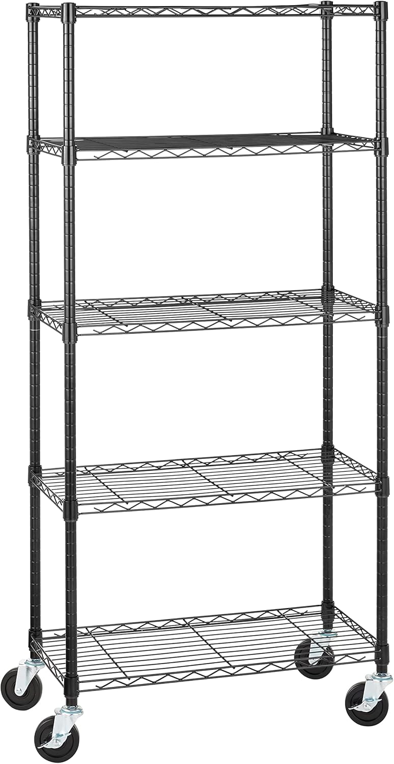 5-Shelf Heavy Duty Garage Shelving Storage Rack with 4" Wheel Casters, Adjustable Metal Wire Organizer, 300 lbs Per