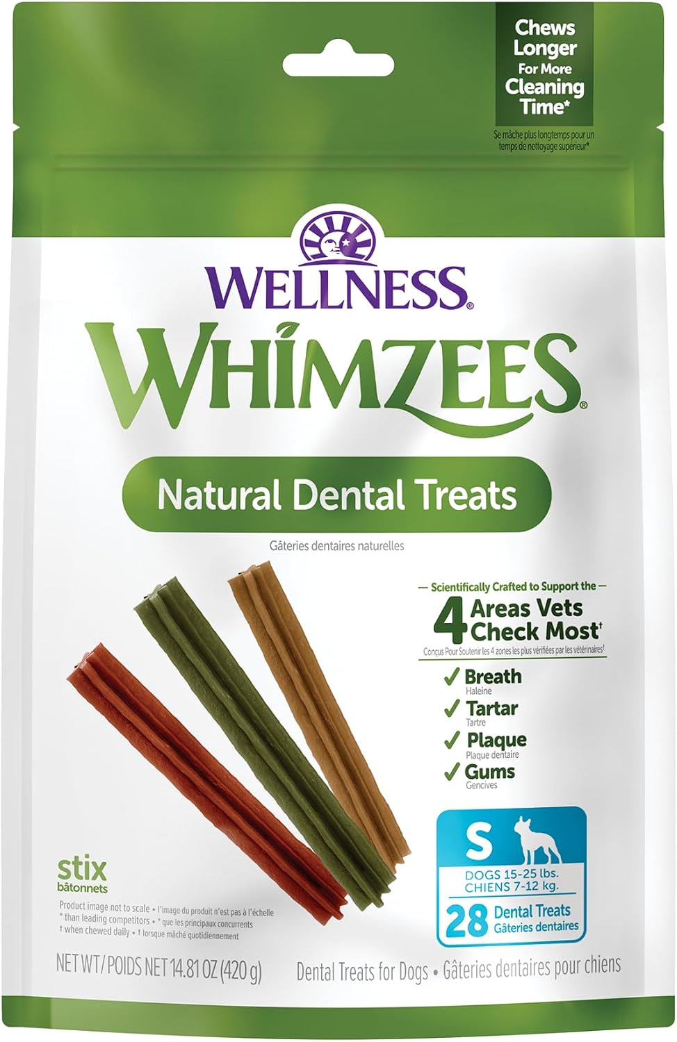 Wellness Stix Natural Dog Dental Treat, Chews, Freshens Breath, Small Size Sticks, 14.81 oz Bag, 28 Count