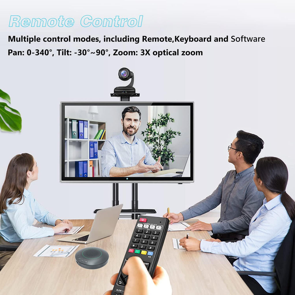 Conference Room Camera System, Wide-Angle 1080P PTZ Webcam with Wireless Bluetooth Speakerphone, 3X Optical Zoom, AI