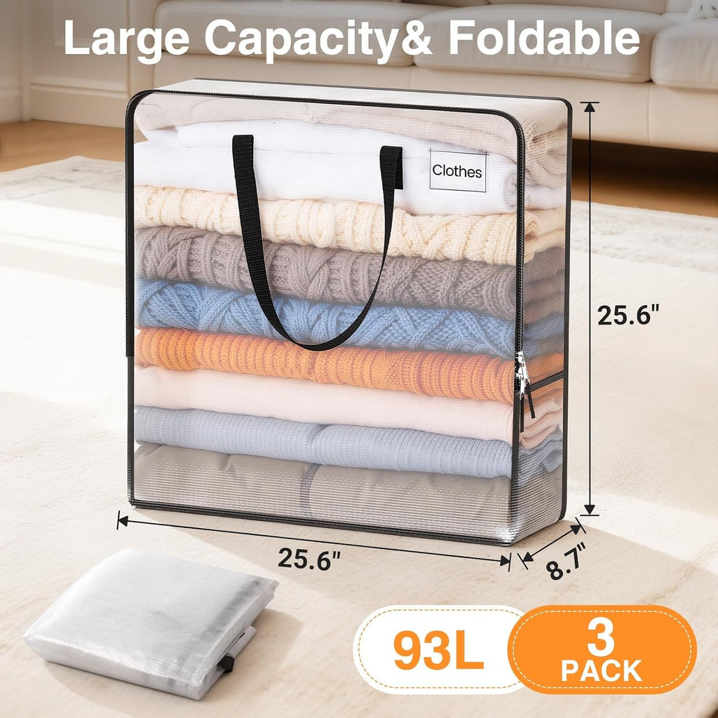 93L Moving Bags, Heavy Duty Clear Storage Bag with Strong Zippers & Handles