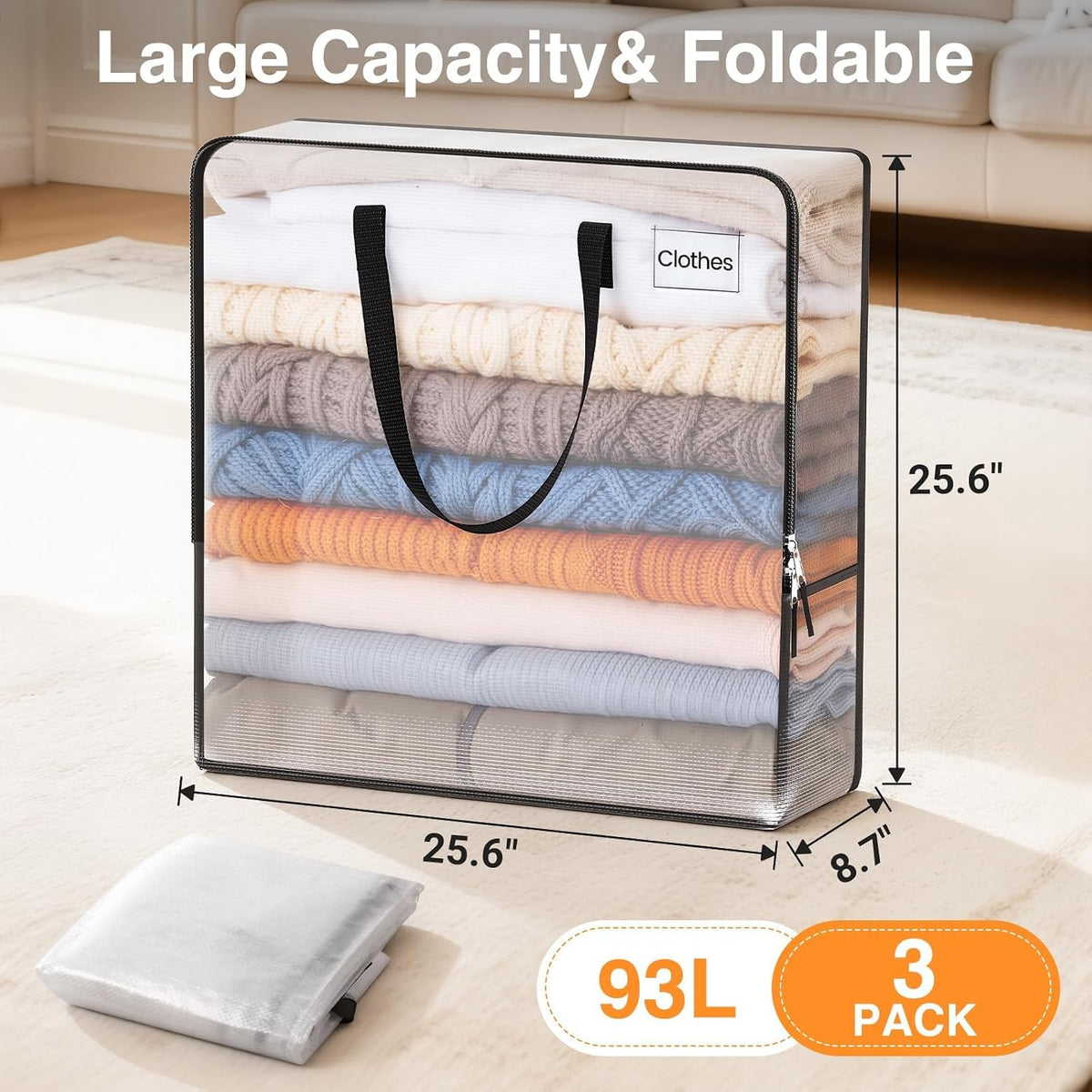 93L Moving Bags, Heavy Duty Clear Storage Bag with Strong Zippers & Handles