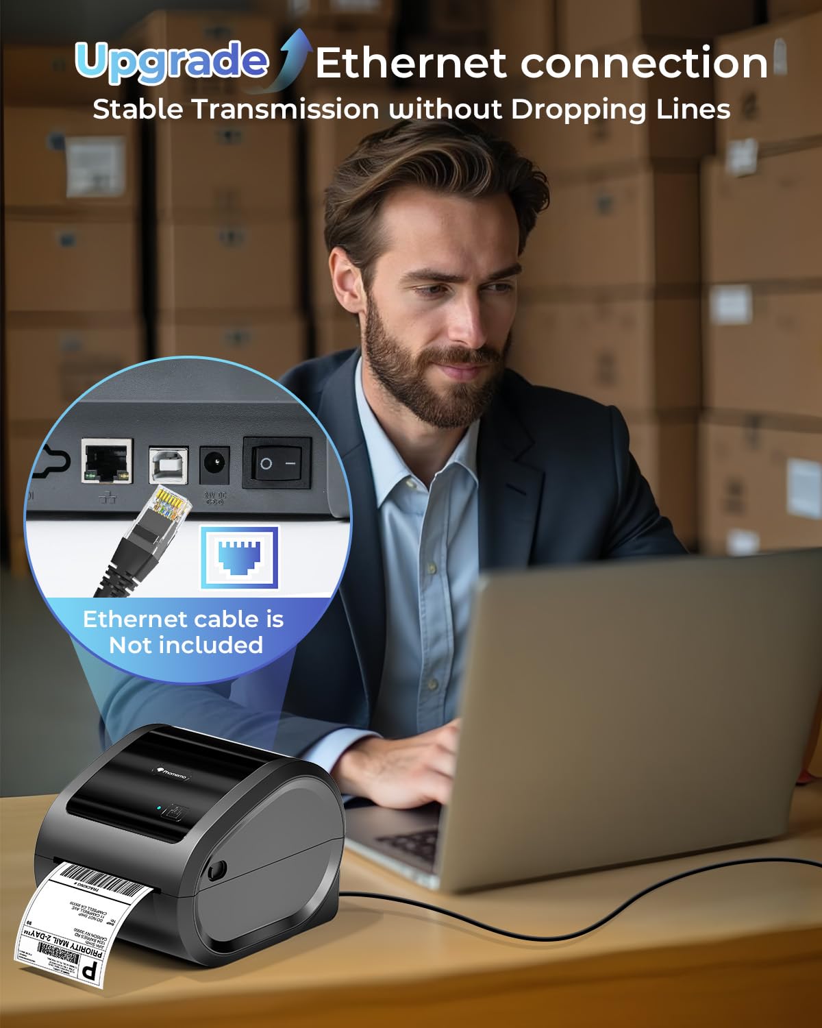 300DPI Ethernet Thermal Label Printer 4x6 with Built-in Paper Bin