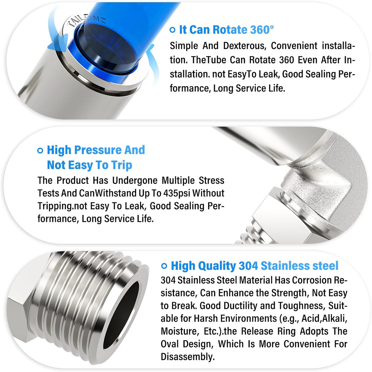 TAILONZ 304 Stainless Steel 1/4" x 1/8" NPT Push to Connect Elbow 5Pcs