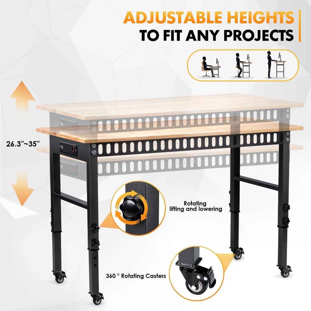 48" Adjustable Workbench, Work Table with Wheels and Power Outlet