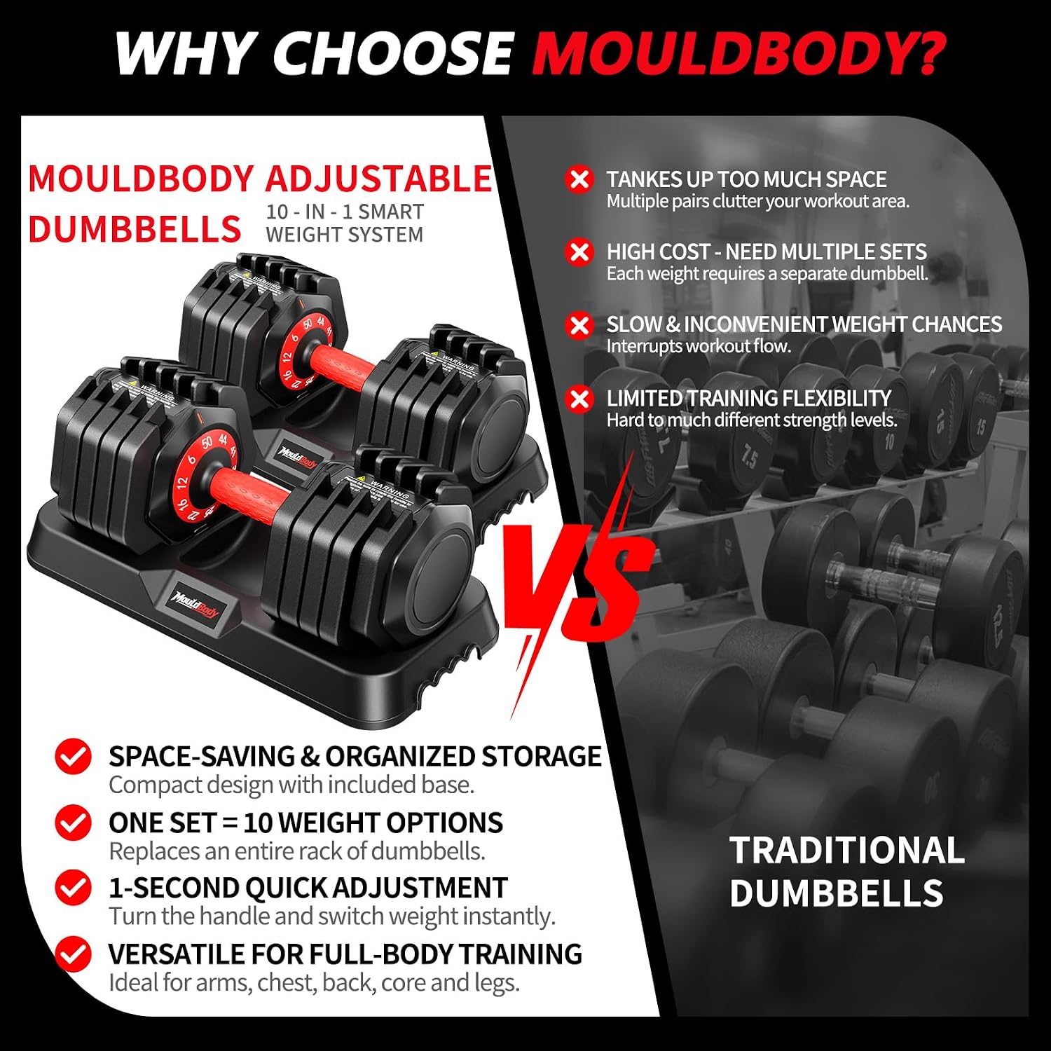Adjustable Dumbbell Set Pair 25 lb or 50lb,10-in-1 Free Weight | 1-Second Dial Weight Adjustment,Space-Saving Design