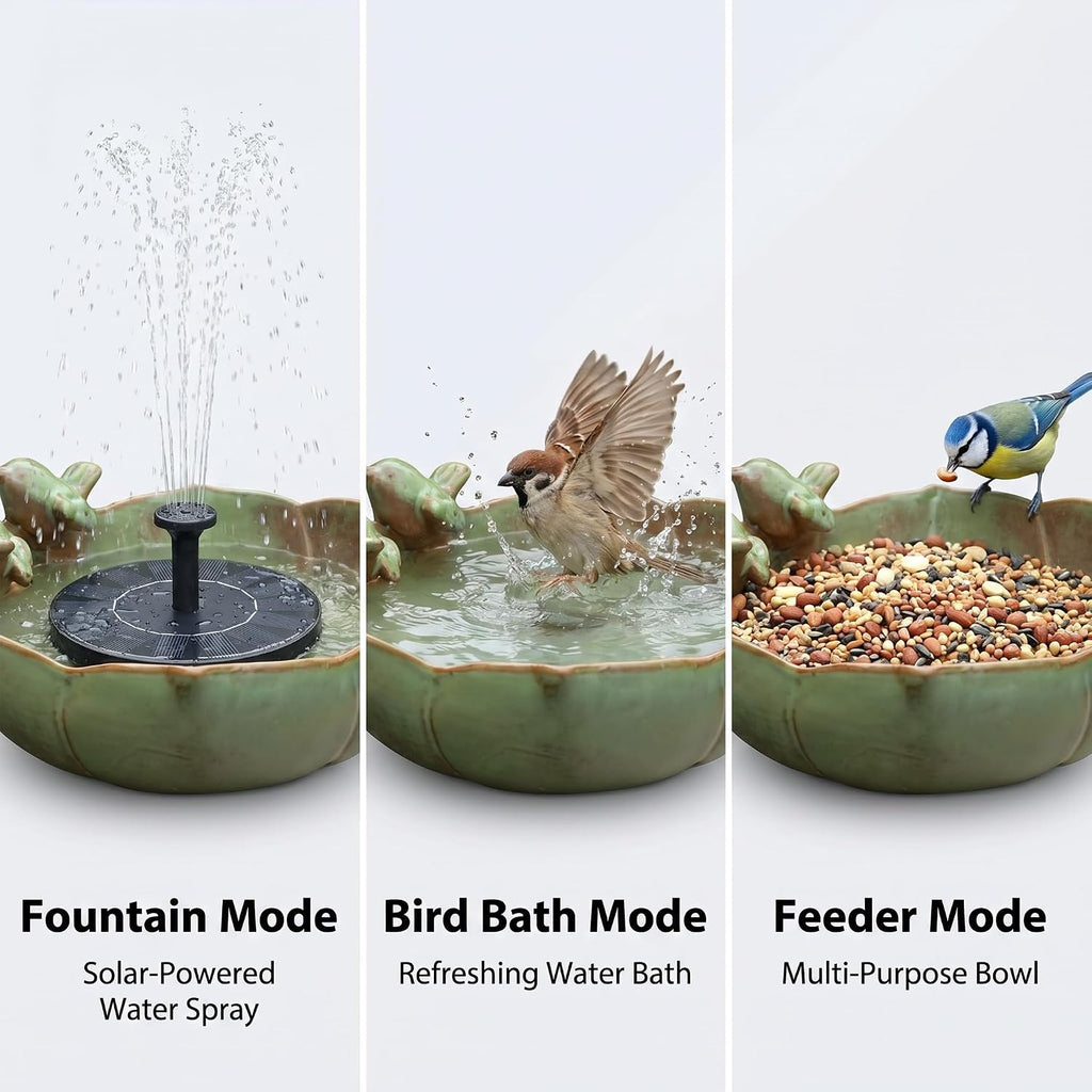 Large Ceramic Bird Bath Bowl with Solar Powered Fountain, Solar Bird Bath Fountain for Outdoors, Hummingbird Solar