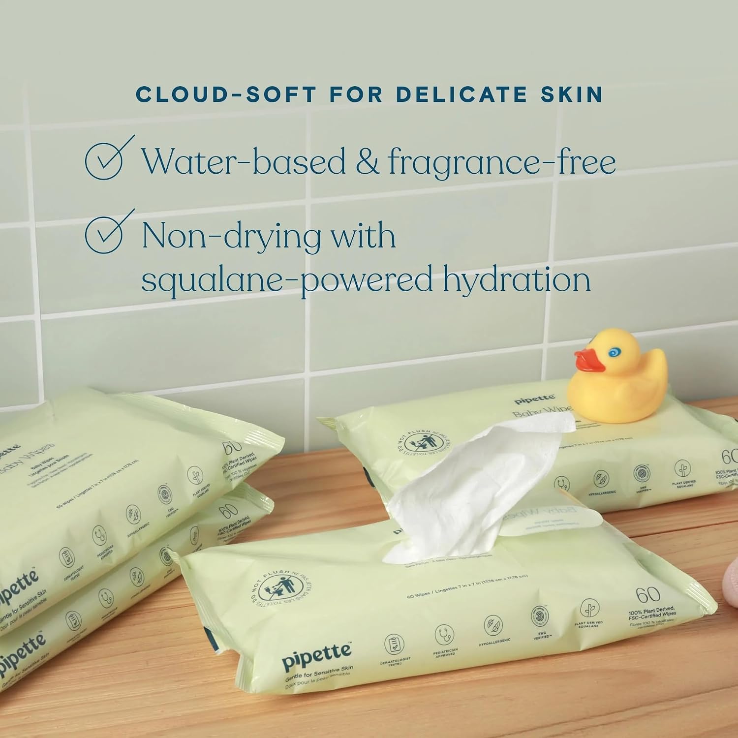 Water-Based Baby Wipes, 240 Count (Pack of 4), Fragrance‑Free & Gentle, Made with 100% Plant‑Derived Fibers