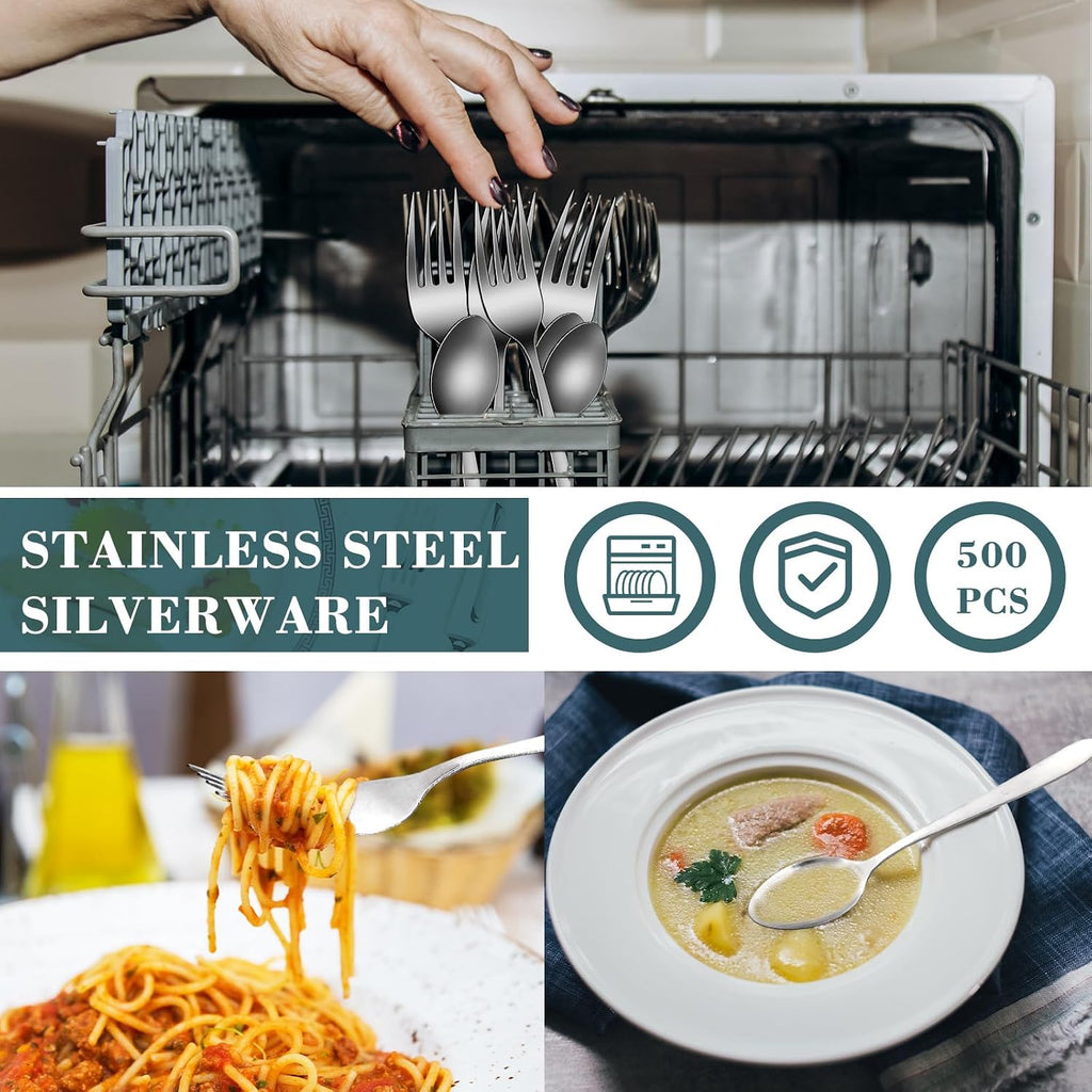500 Pcs Forks and Spoons Silverware Set for 250 Stainless Steel Flatware Cutlery Set Forks and Spoons Bulk Silverware