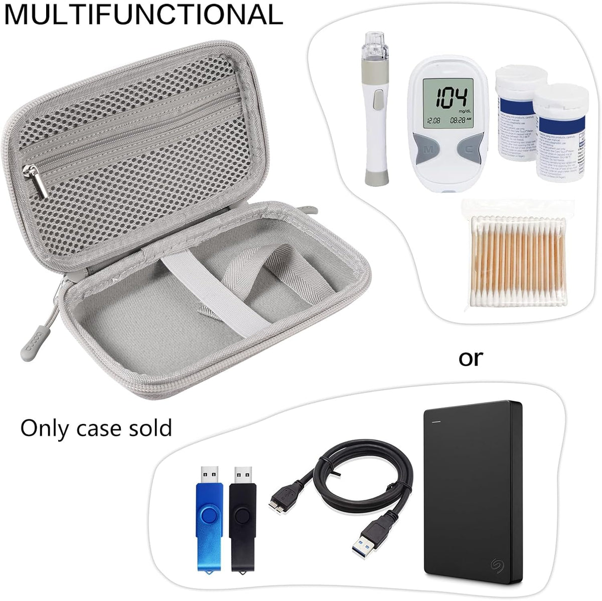 Diabetes Travel Case EVA Hard Shell Diabetic Supplies Bag Organizer for Blood Sugar Testing Kit, Glucose Monitor Kit
