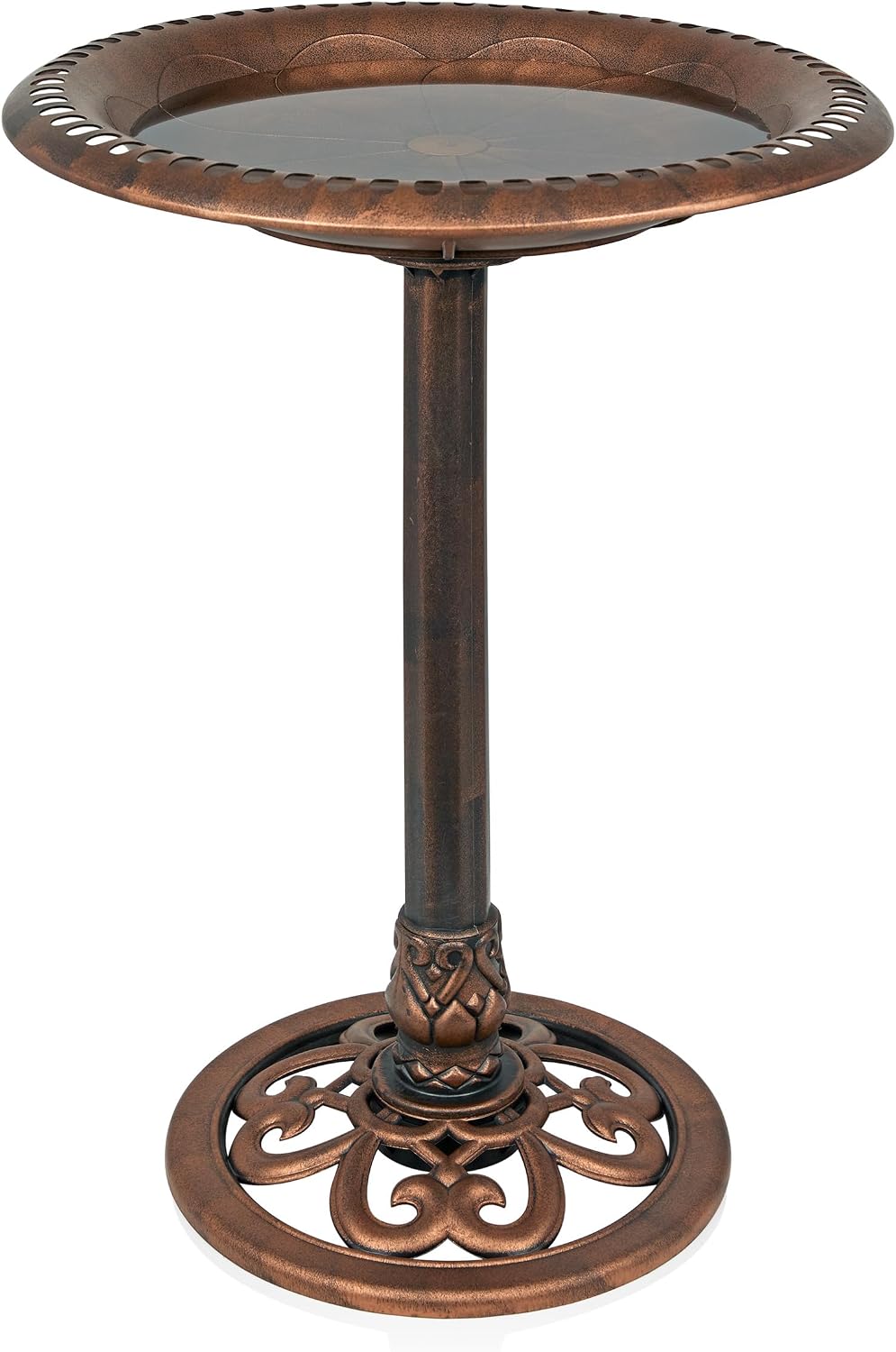 Alpine Corporation | 28" Bronze Outdoor Pedestal Birdbath with Scrollwork Base and Ground Stakes — Elegant Garden