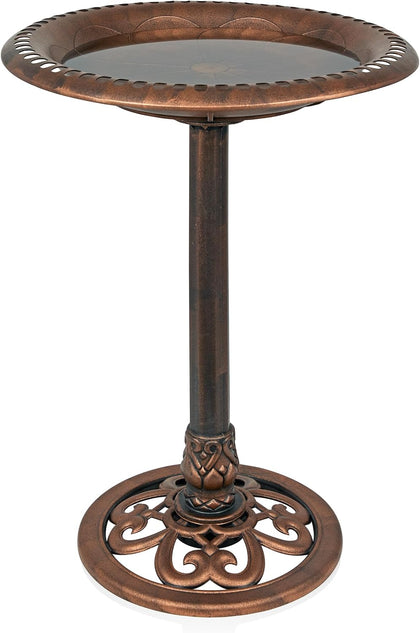 Alpine Corporation | 28" Bronze Outdoor Pedestal Birdbath with Scrollwork Base and Ground Stakes — Elegant Garden