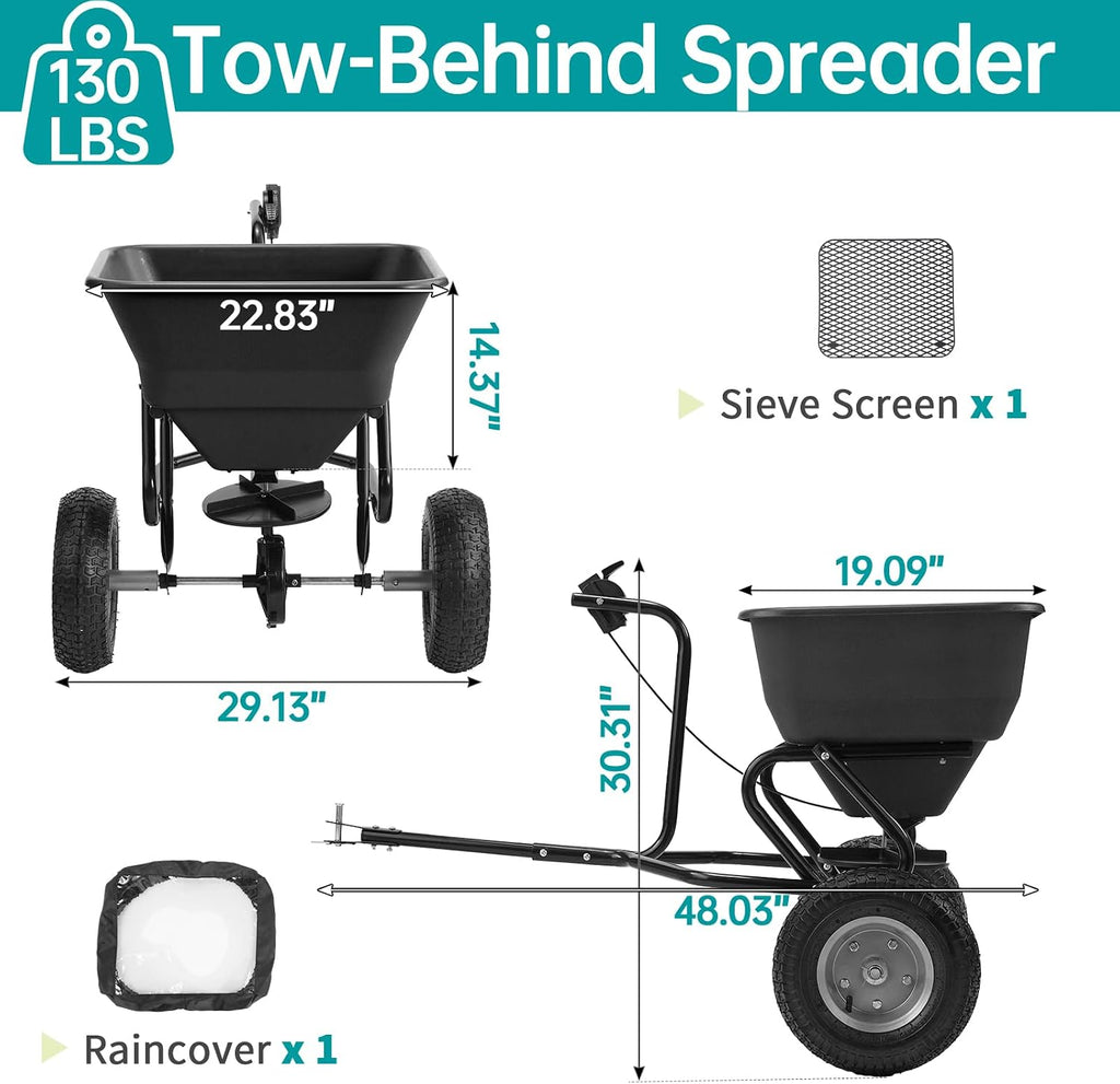130 LBS Heavy Tow Behind Fertilizer Spreader with Universal Hitch | 130 lbs large capacity &10 adjustable spread
