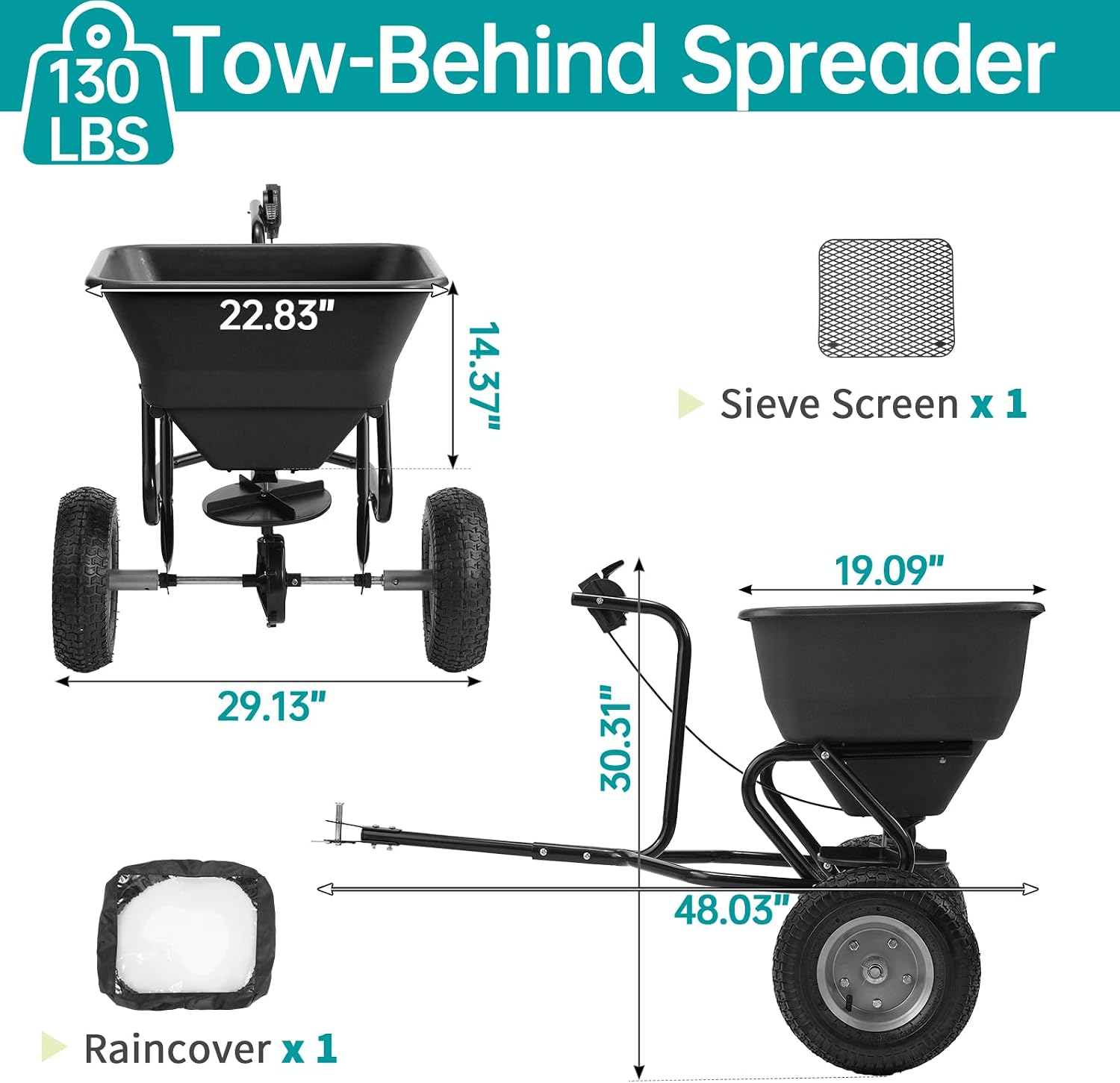 130 LBS Heavy Tow Behind Fertilizer Spreader with Universal Hitch | 130 lbs large capacity &10 adjustable spread