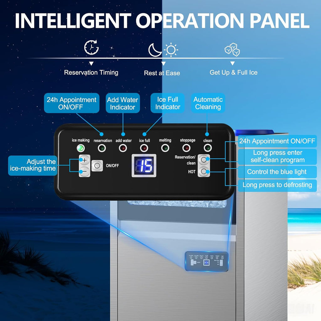 Commercial Ice Maker Machine 150LBS/24H,45Lbs Storage,2 Water Inlet Modes