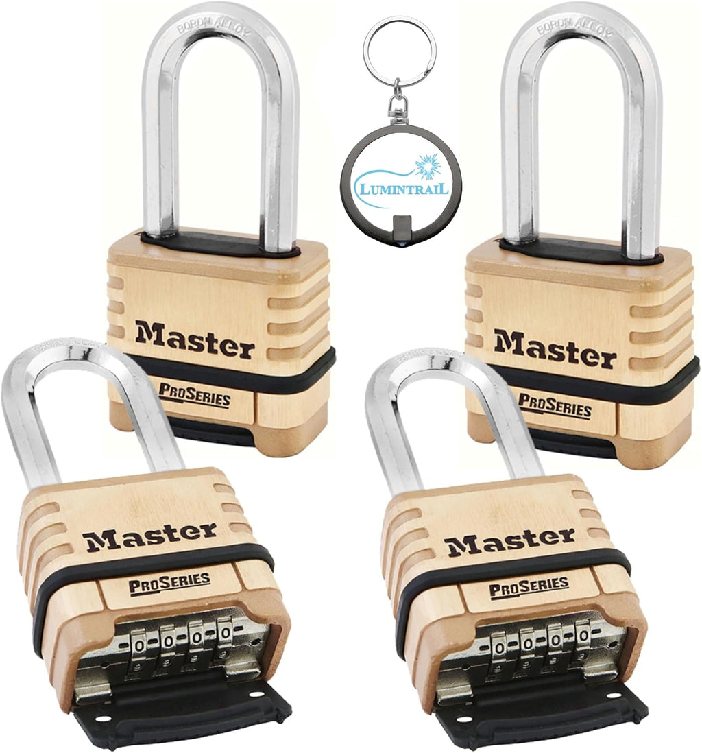 1175DLH 2-1/4in (57mm) Wide ProSeries Brass Resettable Combination Padlock, 4 Pack Bundle W/Key Chain Light
