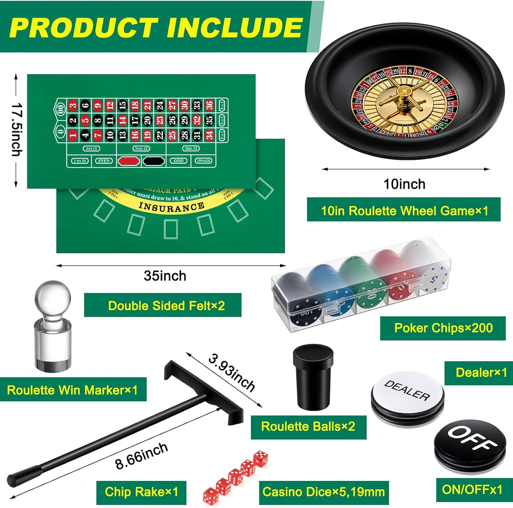 Casino Night 4 in 1 Complete Game Set for Craps Texas Holdem Party | 2 Double Sided Felts Layout Mat, 10" Roulette