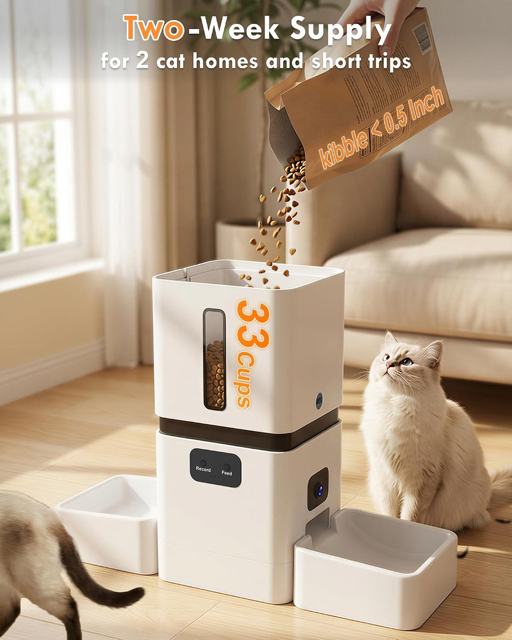 Automatic Cat Feeder for 2 Cats with Dual Bowls & Two HD Cameras
