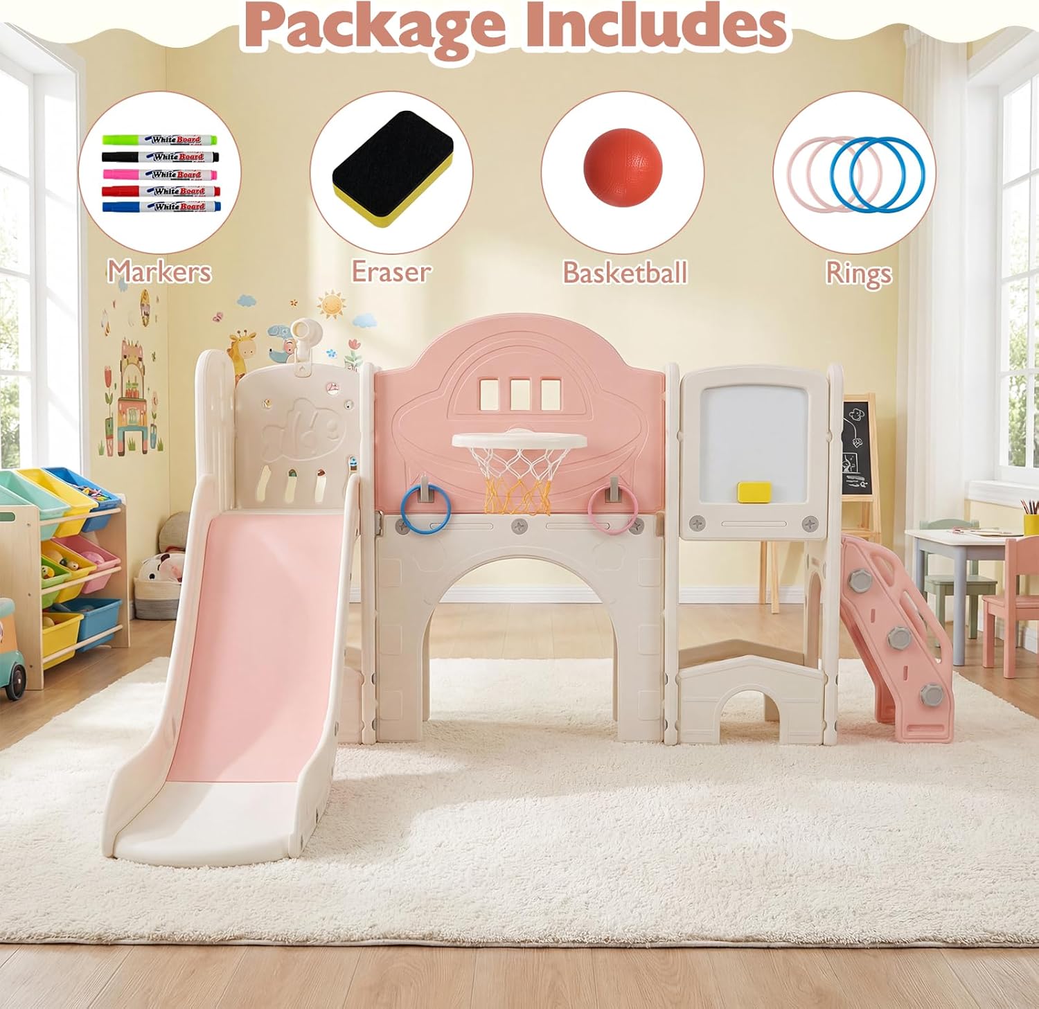 10 in 1 Toddler Slide Set, Kids Slide and Climber Playset with Magnetic Whiteboard, Ring Toss, Basketball Hoop