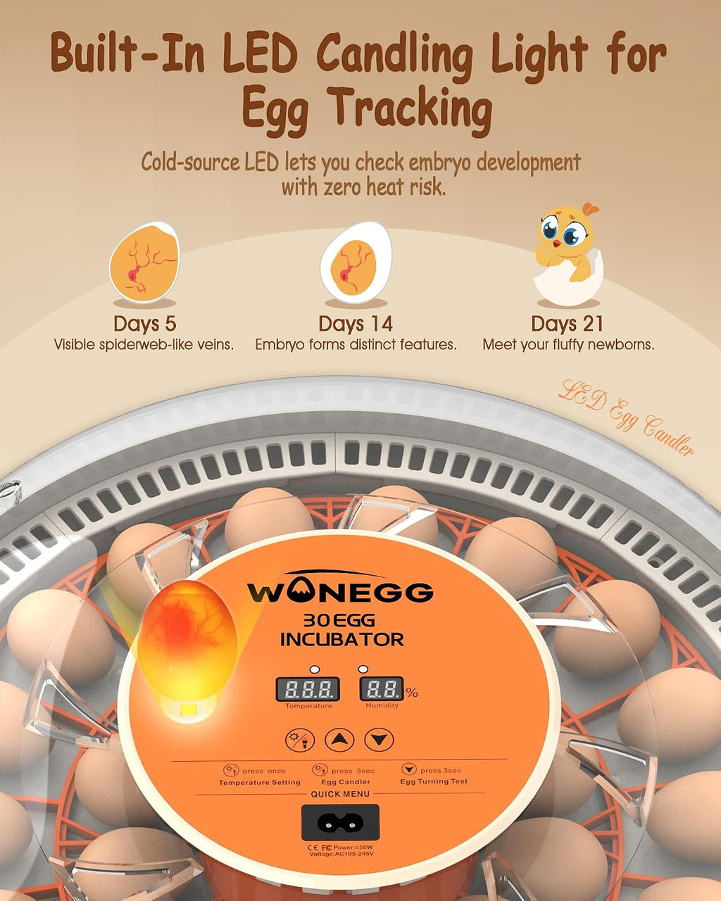 30 Egg Incubator, Incubators for Hatching Eggs with Auto Egg Turner, Automatic Temperature Control, LED Candle Light