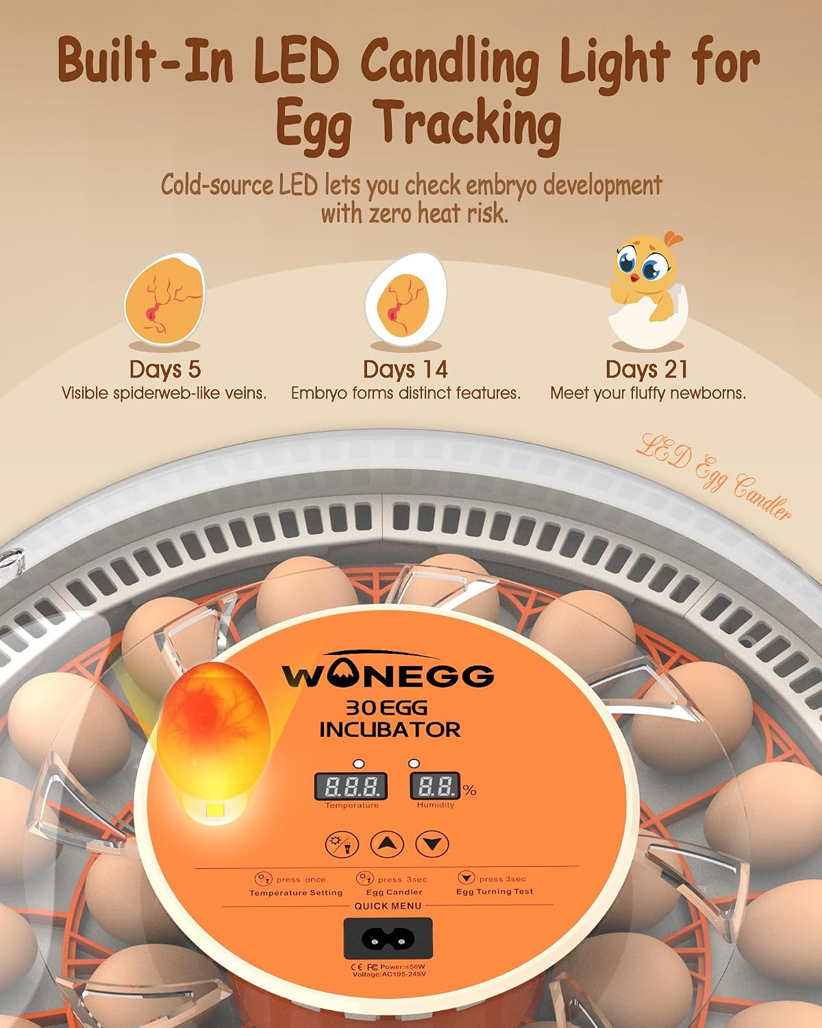 30 Egg Incubator, Incubators for Hatching Eggs with Auto Egg Turner, Automatic Temperature Control, LED Candle Light