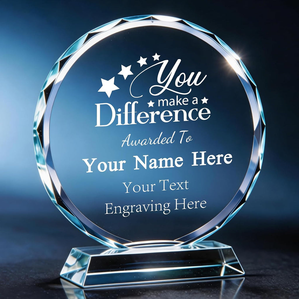 Custom Crystal Trophy Award, Personalized Awards and Trophies, Plaque Engraved w/Logo Text, Employee Recognition