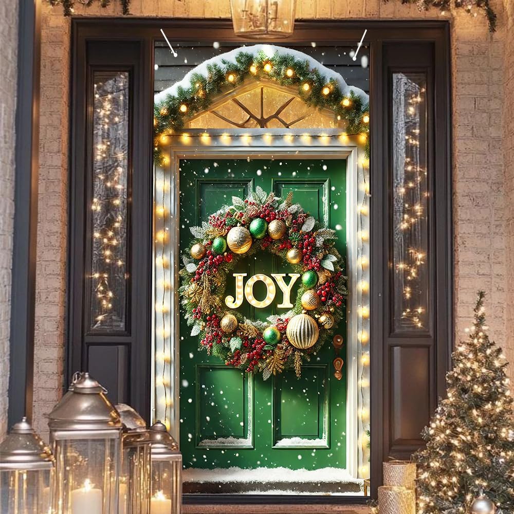 2D Flat 71x35 Inch Large Green Door Christmas Banner with Glowing JOY Wreath Red Berry Pine Garland Wall Hanging for