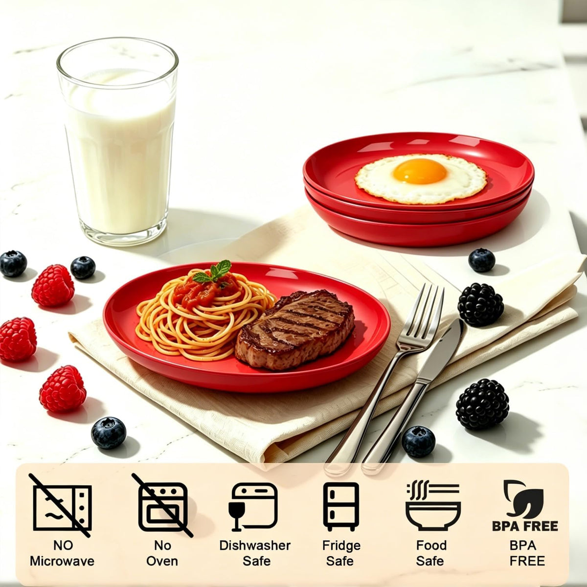 Set of 4 100% Melamine Dinner Plates, 10 in Dessert Plate, Red