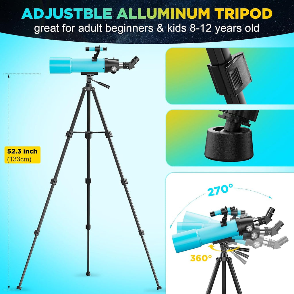 80mm Portable Telescope for Adults & Kids: 150X Scope with 133cm Tripod | 133cm Tripod, Smartphone Adapter, Carrying