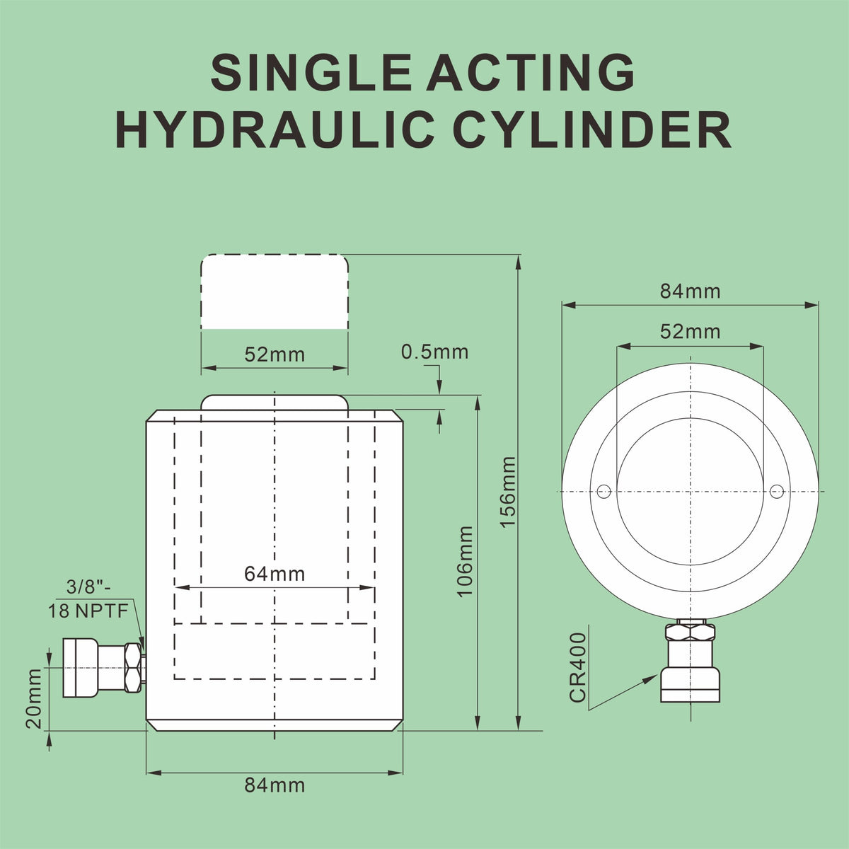 Growlush 20T Single-Acting Hydraulic Cylinder, 50mm(2") Stroke