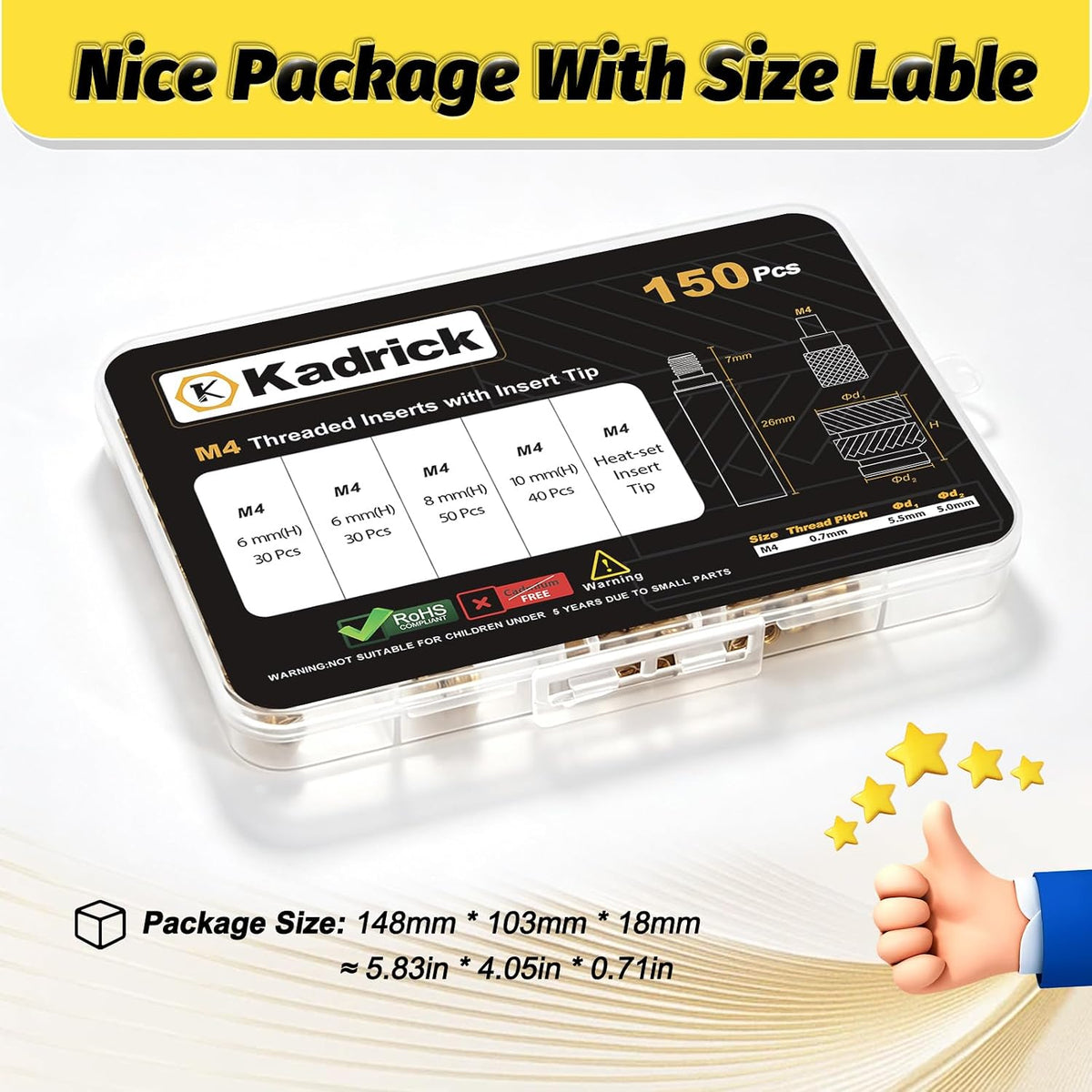 KADRICK 150PCS M4 Heat Set Inserts Kit,M4*(6/8/10mm)*5.5mm with Insert Tip