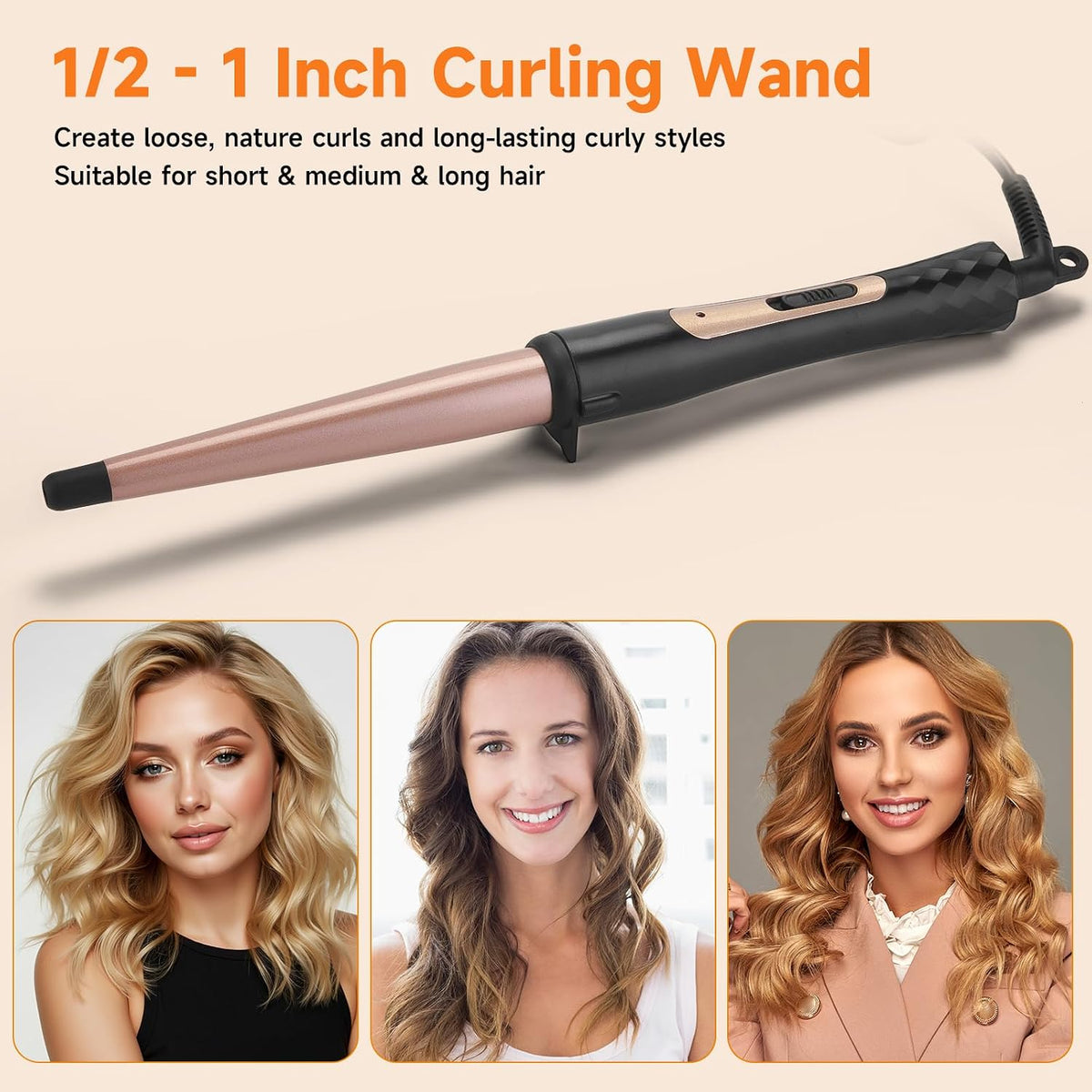 1/2 Inch to 1 Inch Tapered Curling Wand for Short, Medium & Long Hair | Tourmaline Ceramic Wand Curling Iron for