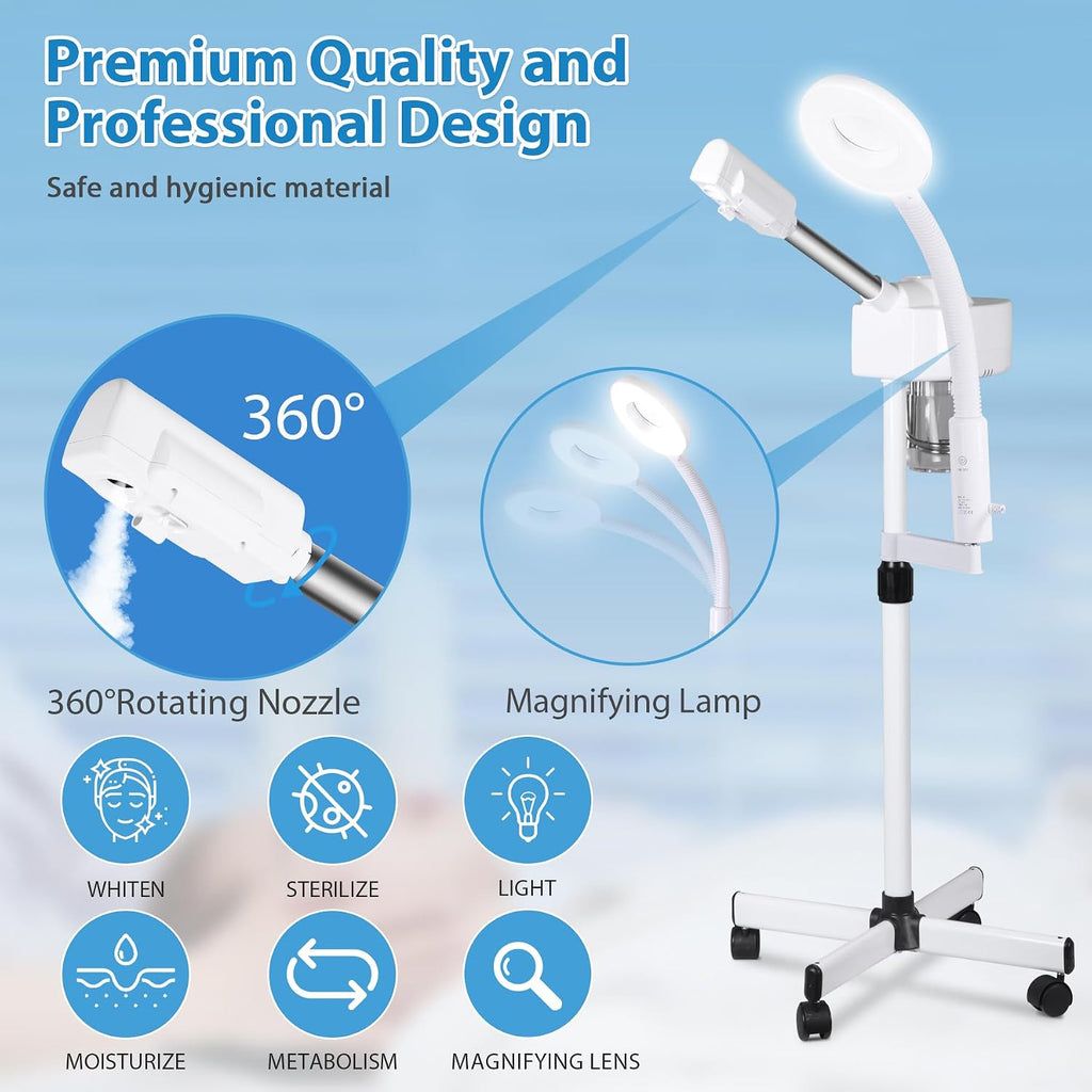 2 in 1 Facial Steamer Professional Nano Ionic Face Deep Cleansing Hydration with 5X Magnifying LED Lamp & Rolling
