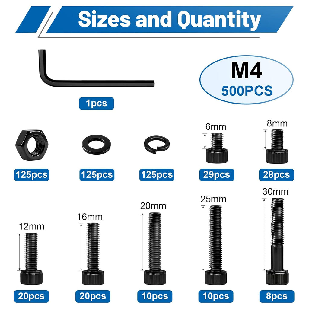 500PCS M4 Socket Head Bolts Assortment Kit, M4x6/8/12/16/20/30mm Screw