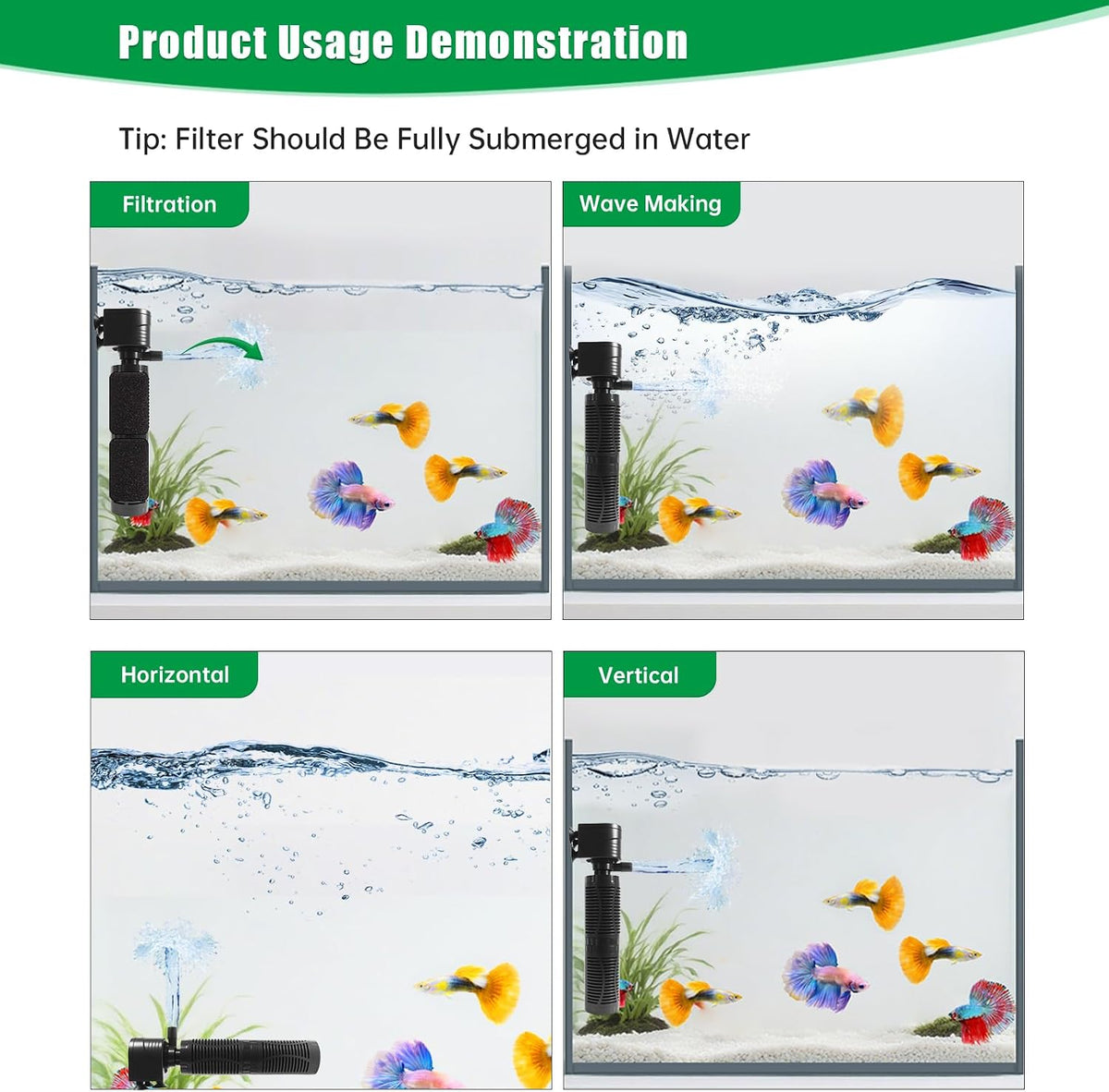 20W Submersible Aquarium Filter for 50–120 Gallon Fish Tanks, Quiet Operation Internal Pump, Energy Efficient, Easy