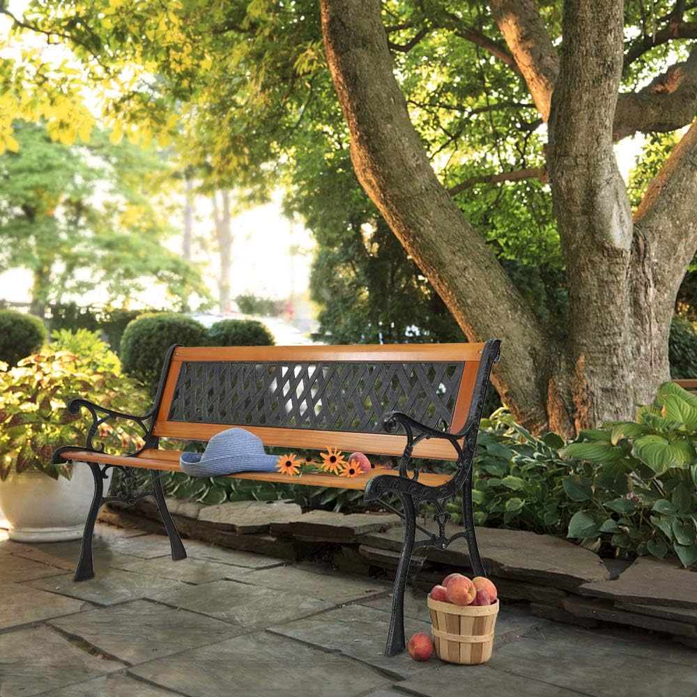 49.5in Outdoor Wood & Metal Porch Benches,Weatherproof Patio Park Bench,Outside Leisure Bench,Outdoor Garden Park