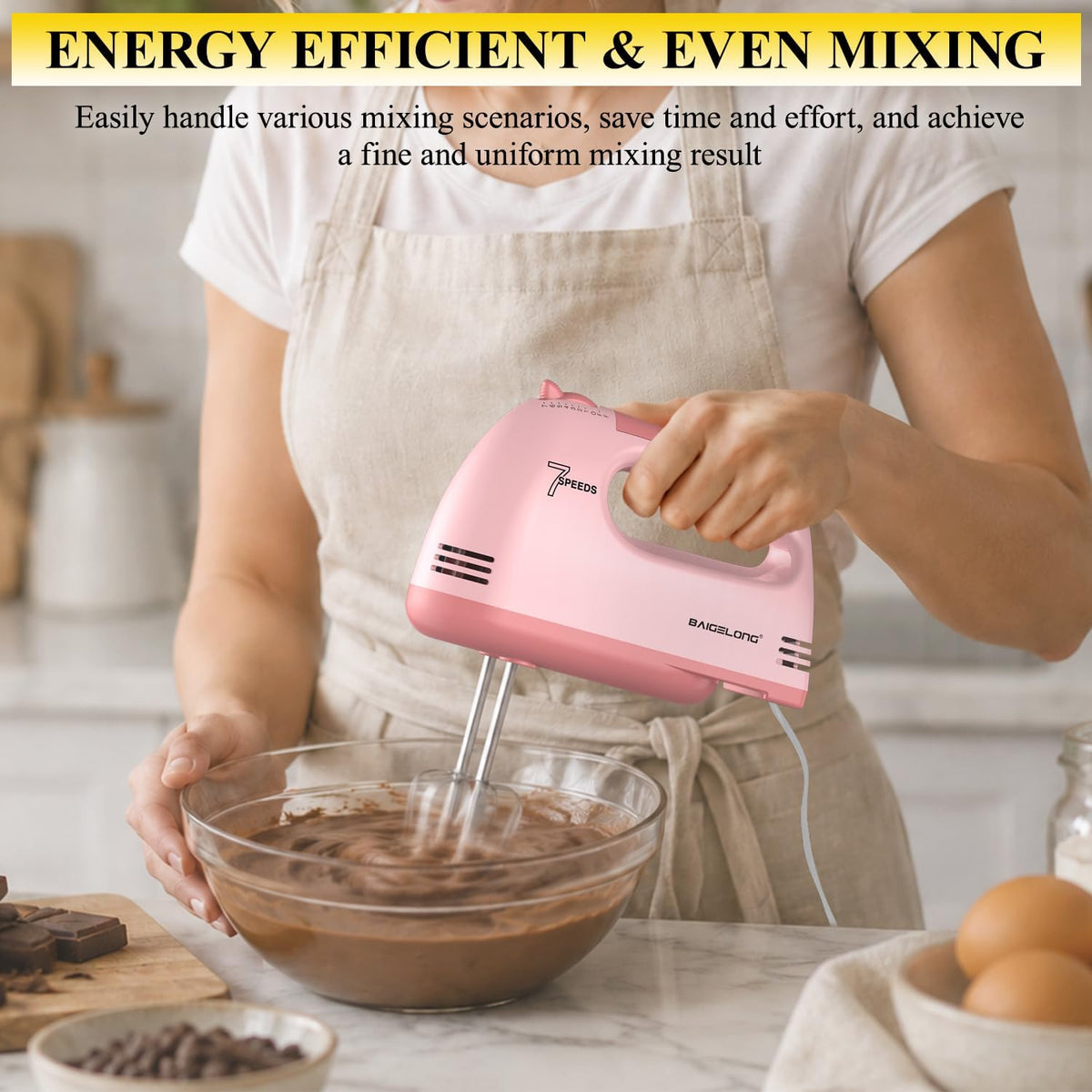 Hand Mixer. 7-Speed Adjustable Kitchen Electric Mixer. With 5 Stainless Steel Attachments: 2 Hooks, 2 Beaters, 1
