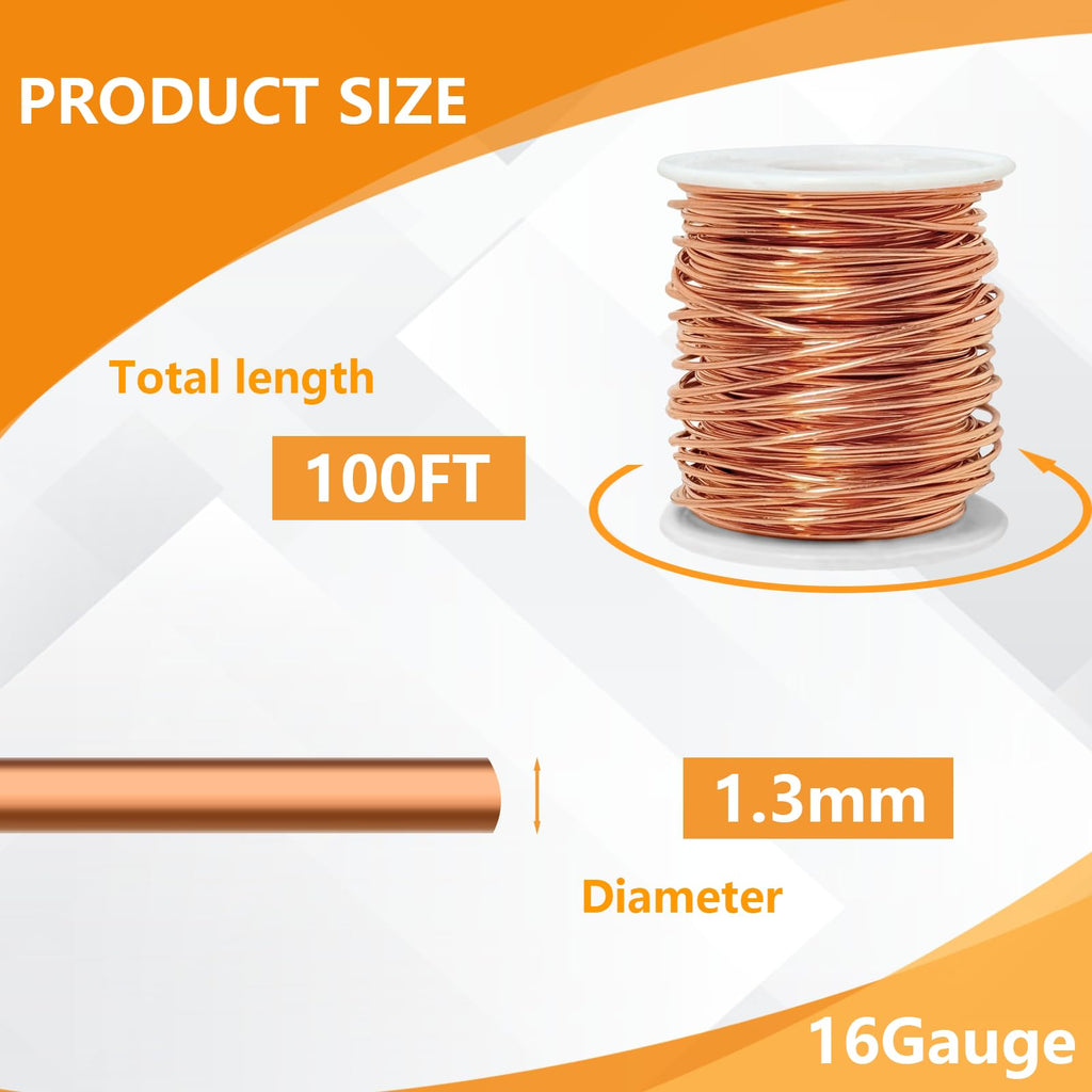 99.9% Bare Copper Wire 16 Gauge(1.3mm) 100FT(30.48m) for DIY Plants