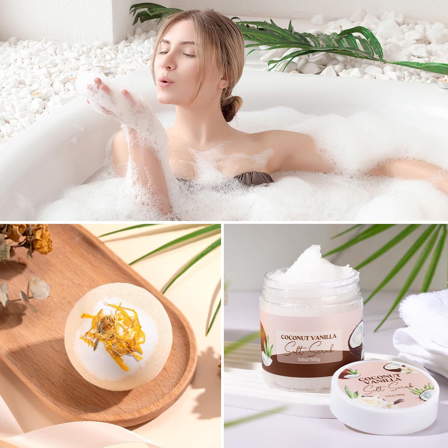 Spa Gift Baskets for Women, Vanilla Coconut Bath and Body Gifts Set for Women, Home Spa Self Care Gift, Relaxing Bath