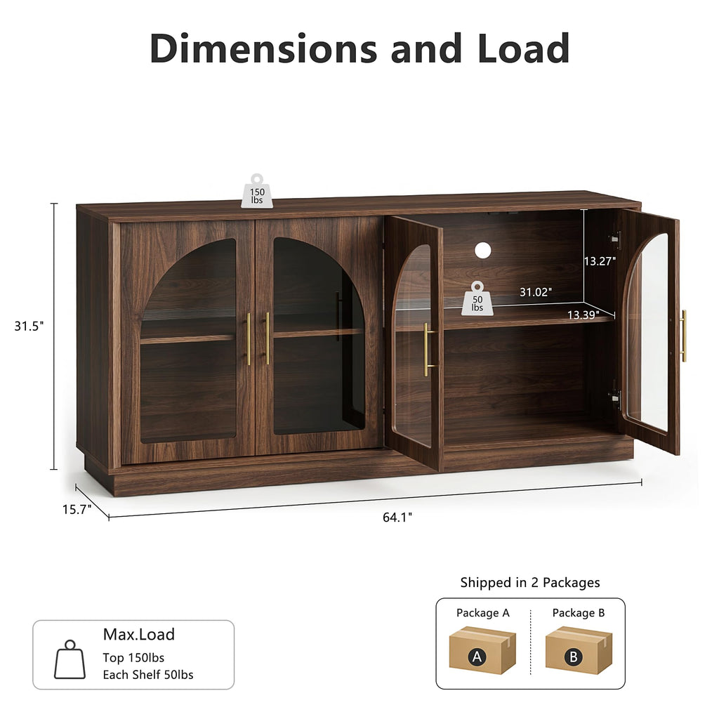 64" Sideboard Buffet Cabinet with Arched Glass Doors,Dark Walnut