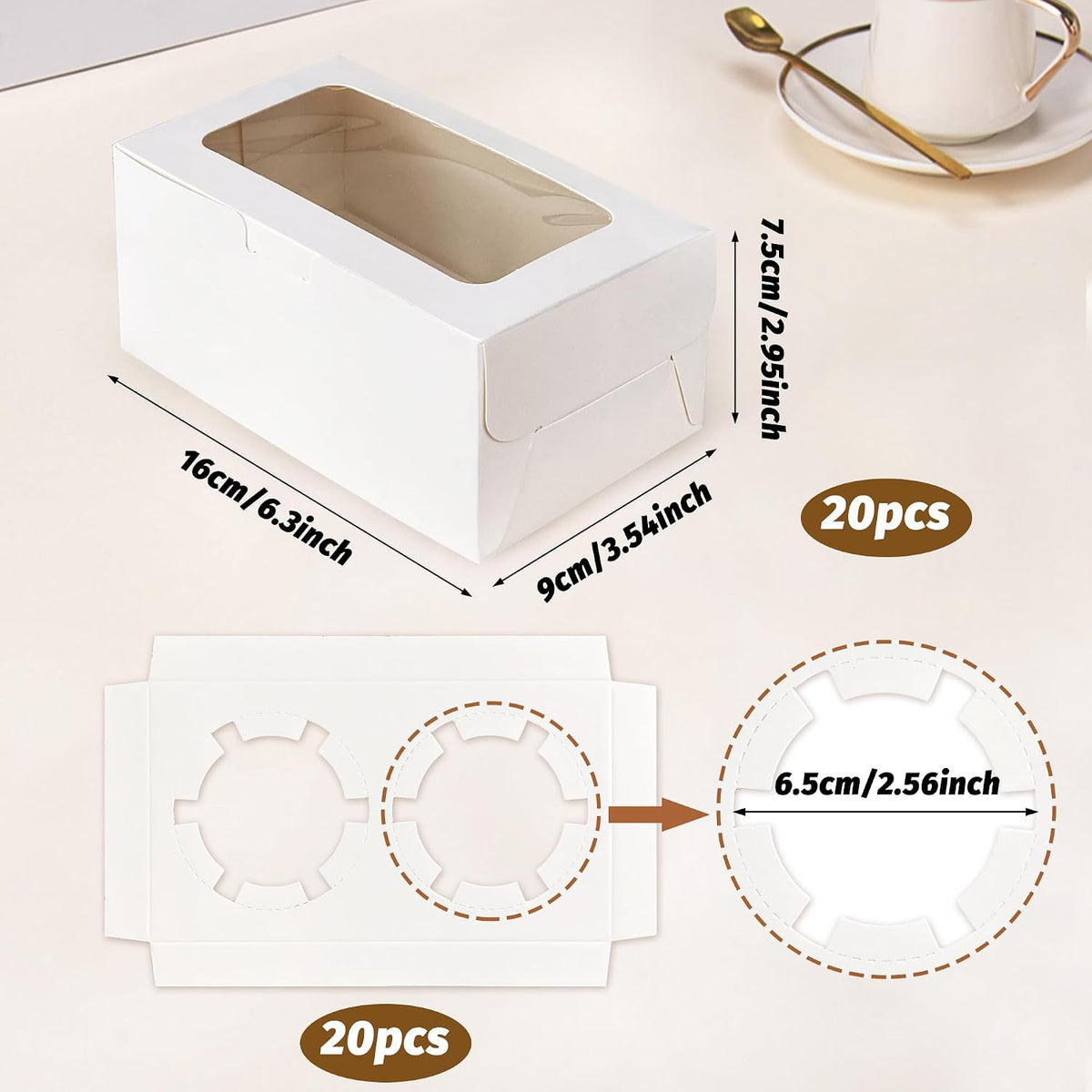 20 PCS White Paper Cupcake Boxes with 2 Cavity Cookie Gift Boxes with Clear Window 2 Treat Holder Cupcake Containers