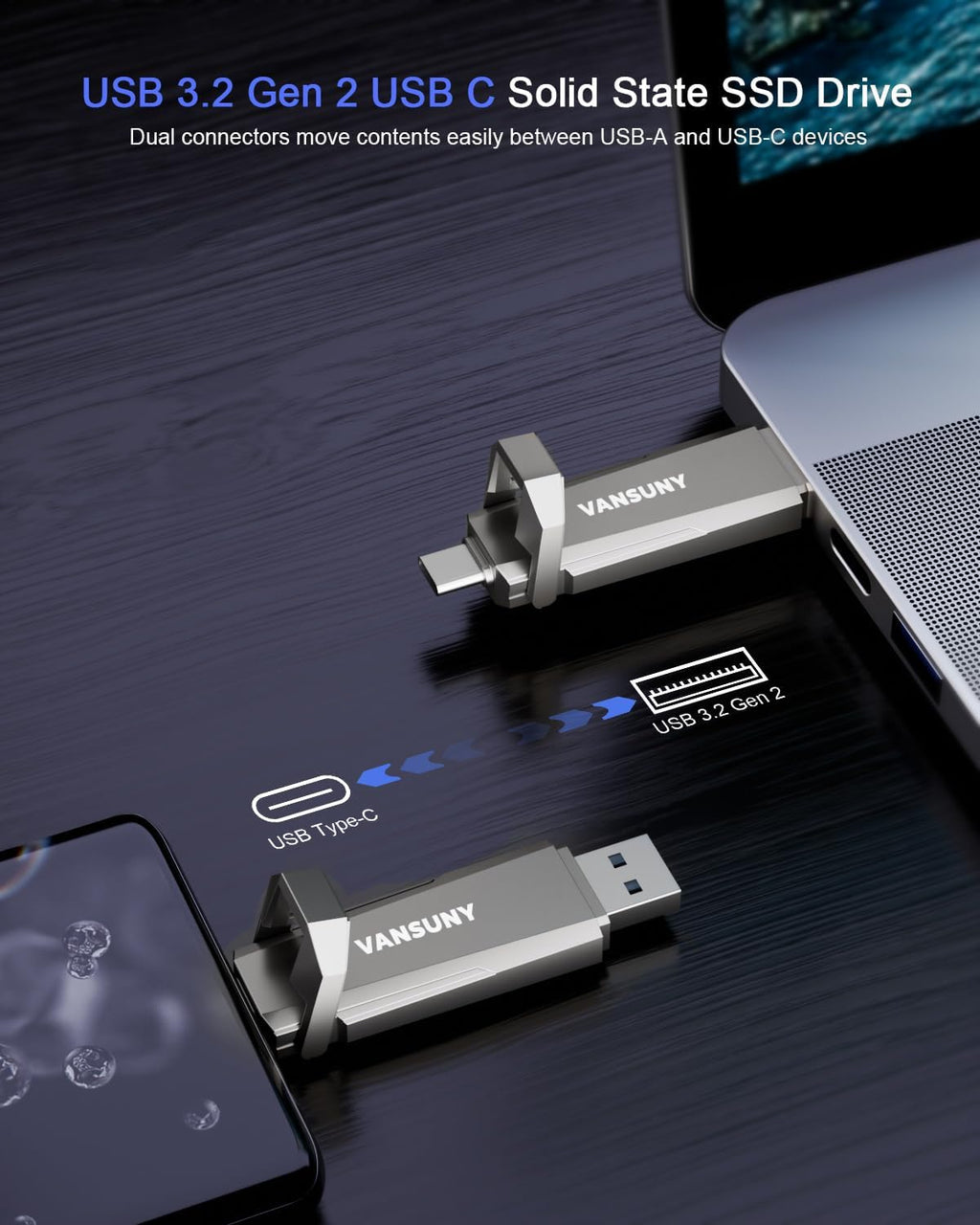 256GB USB Solid State Drive Up to 1000MB/s USB 3.2 Gen 2 Dual SSD USB A + Type C Portable External SSD for Android
