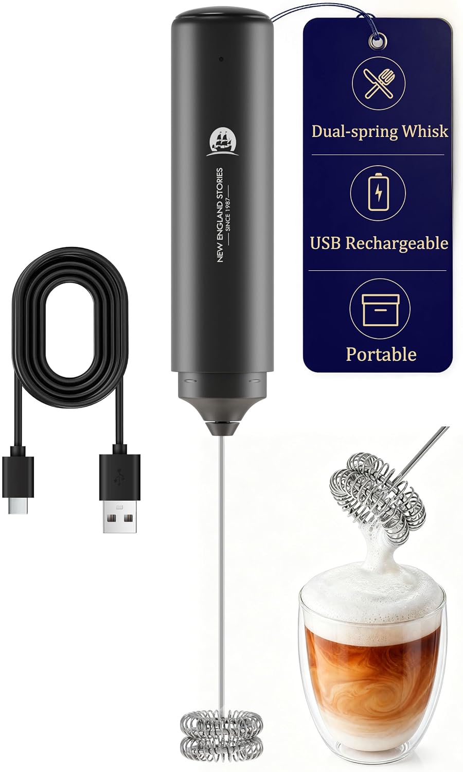 Rechargeable Milk Frother Handheld, 2-IN-1 Dual Spring Whisk Electric Frother Wand for Cappuccino Latte Macchiato