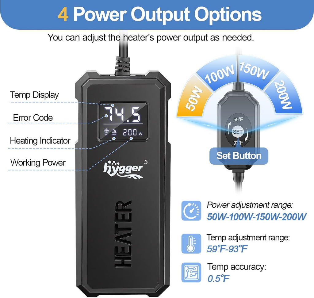 Aquarium Heater, 50W/100W/150W/200W Adjustable Power Fish Tank Heater with Auto Power-Off and High-Temp Protection
