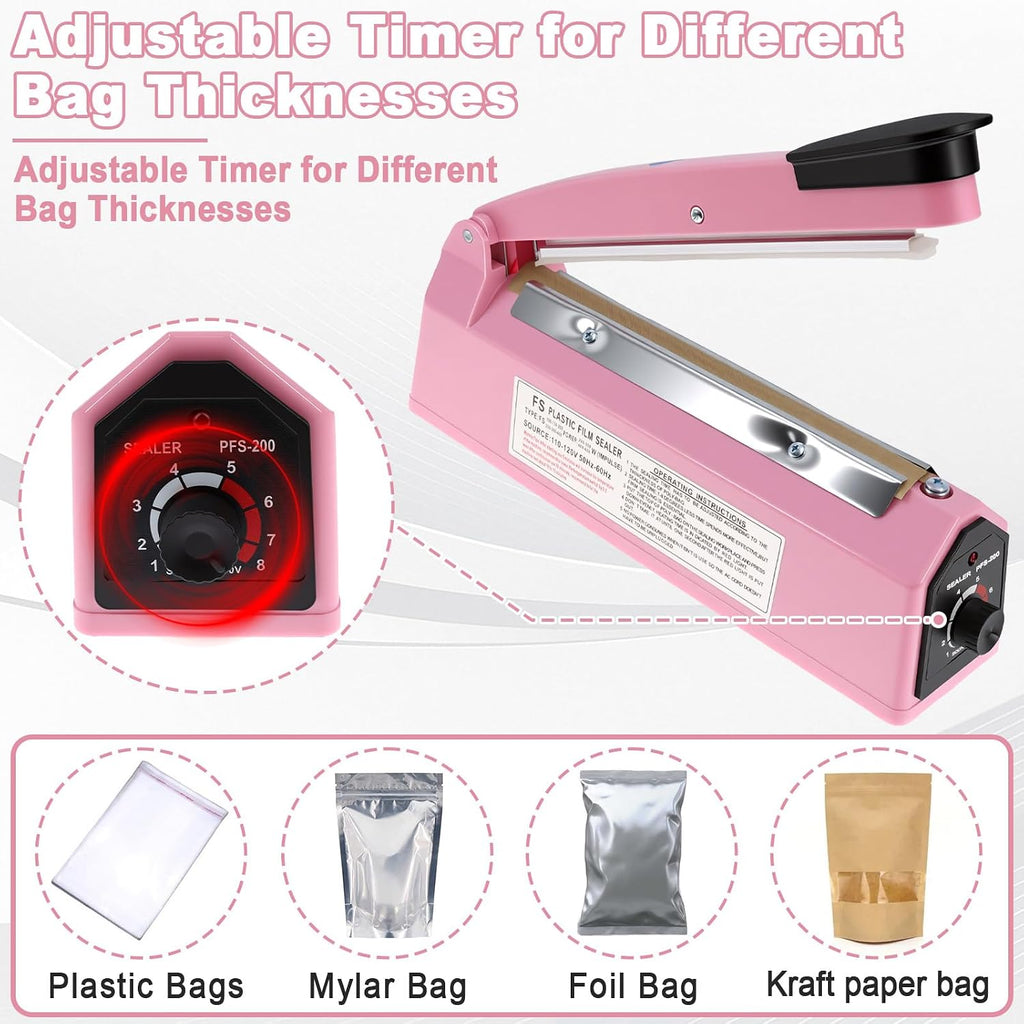 8 Inch Impulse Heat Sealer Machine with Extra Replace Element Grip, Pink