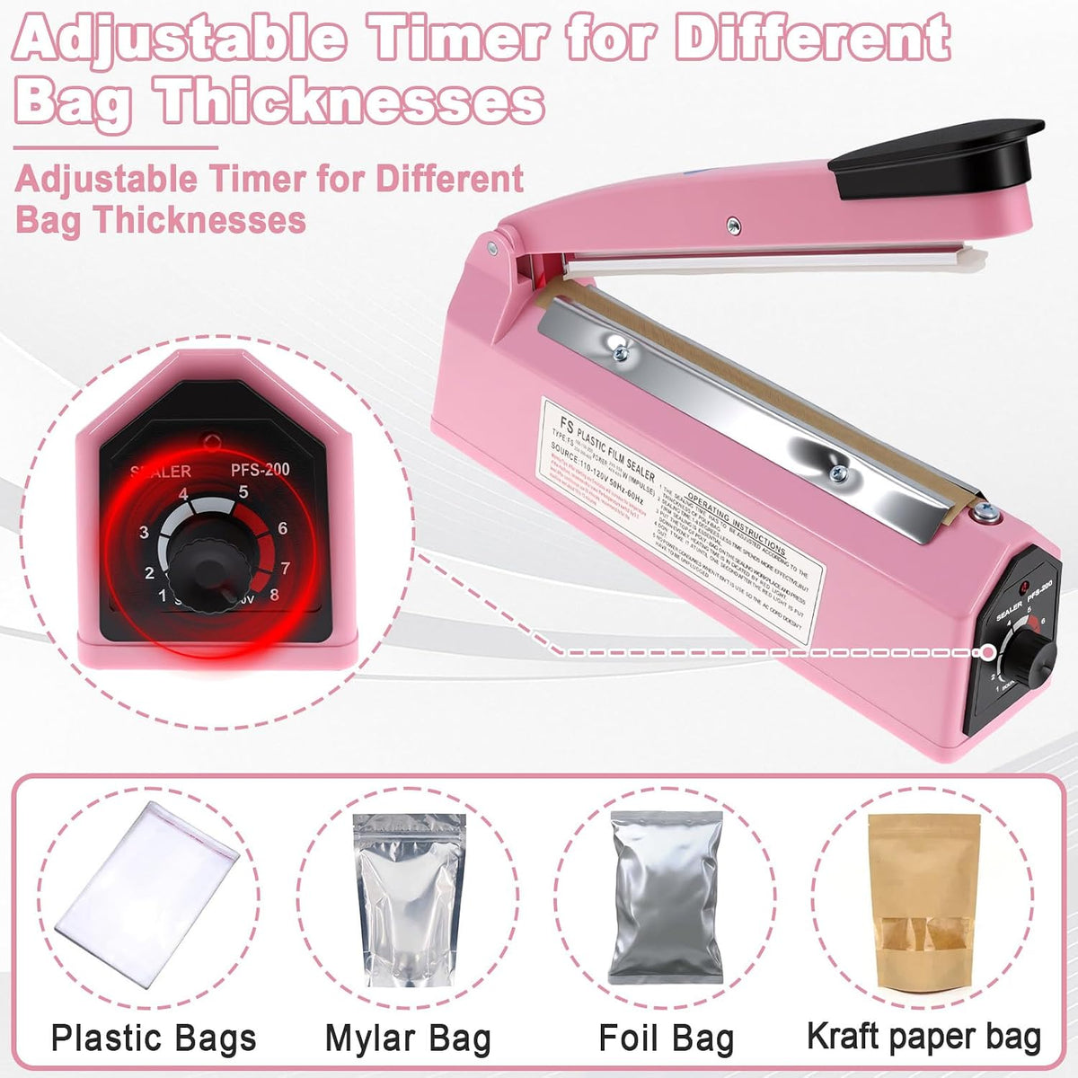 8 Inch Impulse Heat Sealer Machine with Extra Replace Element Grip, Pink